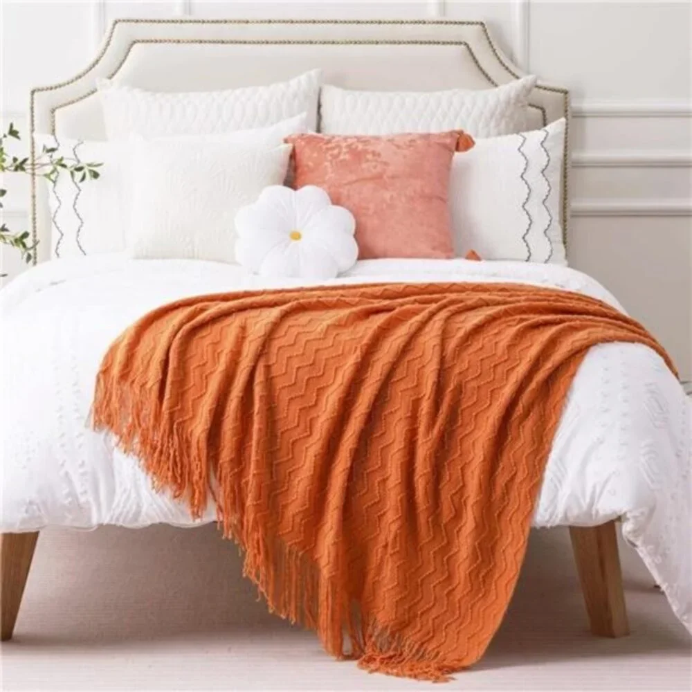 Orange Throw Blanket for Couch, Decorative Fall with Tassels Halloween‎ 50x60